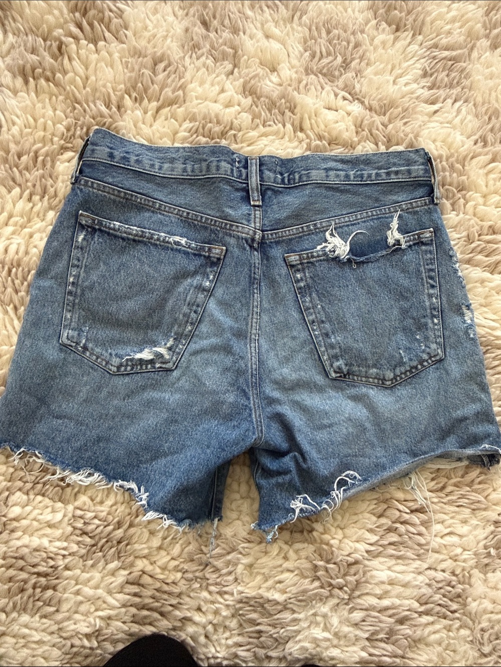 Agolde parker long Medium Blue Distressed High-Rise Denim Shorts - Picture 2 of 6